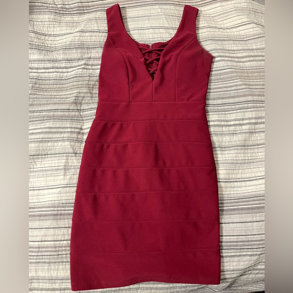 Red Ribbed Front Bodycon Mini Dress